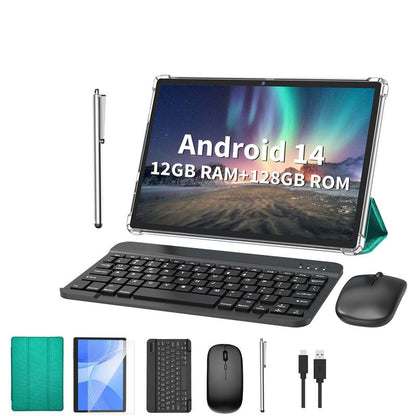 PYNAREL 10.1 Inch 12(6+6)GB+128GB, 2 in 1 Android 14 Tablet with Keyboard, Case, Mouse, Stylus, 2.4G/5G Wifi, GMS Certified