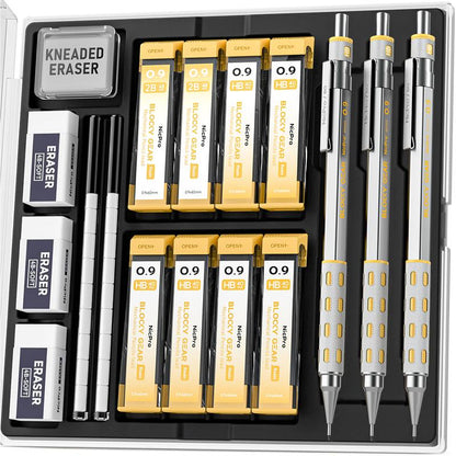 Nicpro 5 Pack Blocky Gear Mechanical Pencil Set with Case, Metal Mechanical Pencils 0.3, 0.5, 0.7, 0.9, 2Mm Lead Holder for Art Drawing Sketching with 21 Tubes (6B 4B 2B HB 2H 4H Colors) Lead Refills