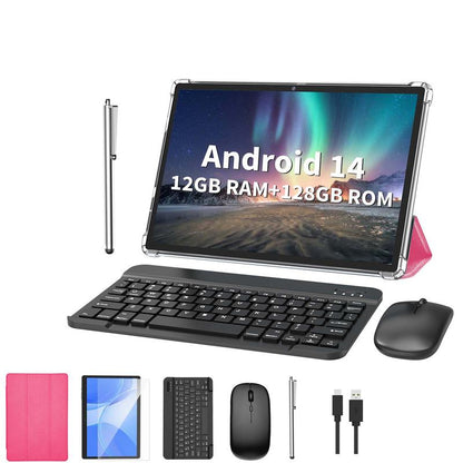 PYNAREL 10.1 Inch 12(6+6)GB+128GB, 2 in 1 Android 14 Tablet with Keyboard, Case, Mouse, Stylus, 2.4G/5G Wifi, GMS Certified