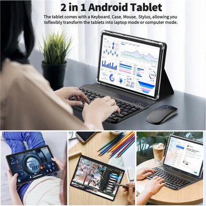 PYNAREL 10.1 Inch 12(6+6)GB+128GB, 2 in 1 Android 14 Tablet with Keyboard, Case, Mouse, Stylus, 2.4G/5G Wifi, GMS Certified