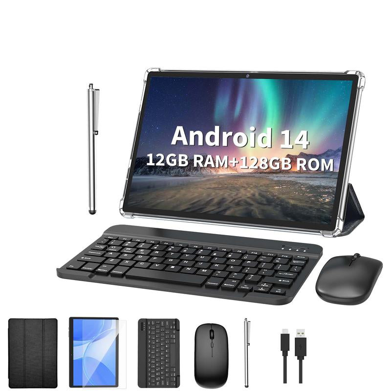 PYNAREL 10.1 Inch 12(6+6)GB+128GB, 2 in 1 Android 14 Tablet with Keyboard, Case, Mouse, Stylus, 2.4G/5G Wifi, GMS Certified