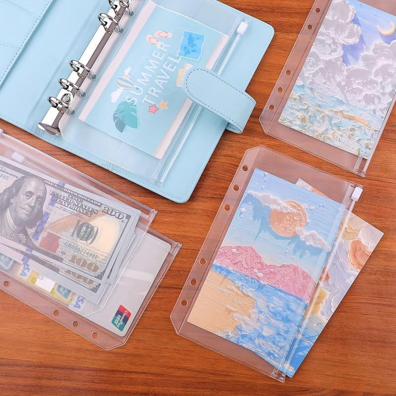 Desk Accessories A6 Size Clear Binder Pocket, 12Pcs 6 Hole Clear Budget Cash Envelope, Cash Folder Binder Pouch for Budget Binder, Students Stationery