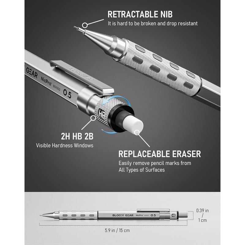 Nicpro 5 Pack Blocky Gear Mechanical Pencil Set with Case, Metal Mechanical Pencils 0.3, 0.5, 0.7, 0.9, 2Mm Lead Holder for Art Drawing Sketching with 21 Tubes (6B 4B 2B HB 2H 4H Colors) Lead Refills