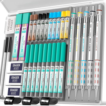 Nicpro 5 Pack Blocky Gear Mechanical Pencil Set with Case, Metal Mechanical Pencils 0.3, 0.5, 0.7, 0.9, 2Mm Lead Holder for Art Drawing Sketching with 21 Tubes (6B 4B 2B HB 2H 4H Colors) Lead Refills