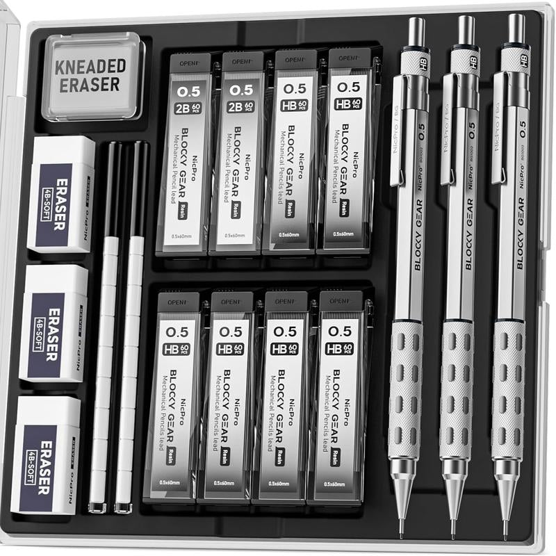 Nicpro 5 Pack Blocky Gear Mechanical Pencil Set with Case, Metal Mechanical Pencils 0.3, 0.5, 0.7, 0.9, 2Mm Lead Holder for Art Drawing Sketching with 21 Tubes (6B 4B 2B HB 2H 4H Colors) Lead Refills